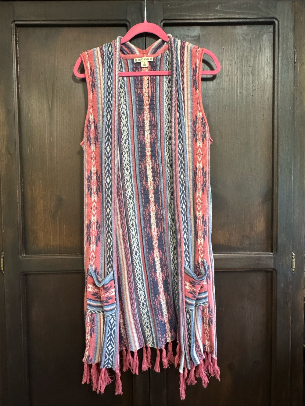 Ruff Hewn Boho Fringe Knit Vest in Coral, Navy & Cream size Small